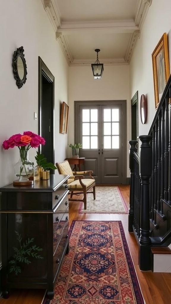 A vintage-inspired hallway featuring a black bannister, classic furniture, and warm lighting.