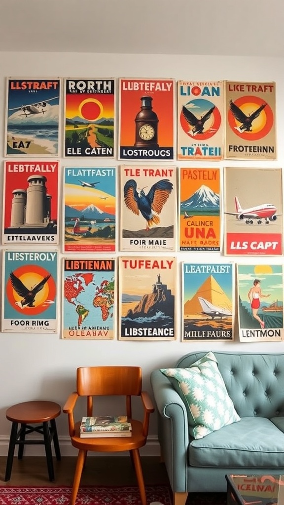 A wall decorated with vintage travel posters featuring various destinations and designs.