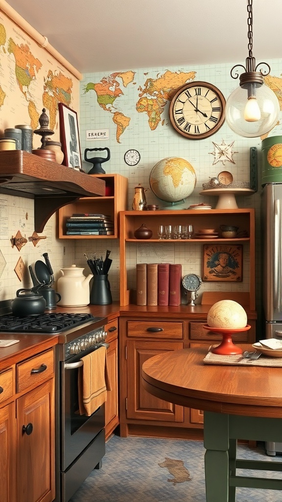 A vintage travel themed kitchen with maps on the ceiling, a globe on the counter, and a child at the island.