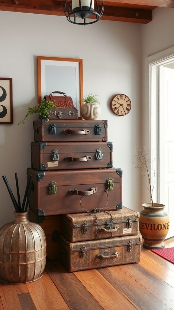 A stack of vintage travel trunks in a cozy home setting, with a plant and vintage bag on top.