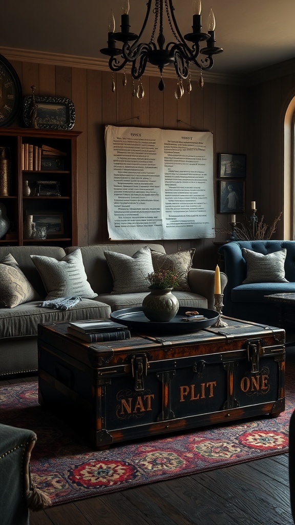 A vintage trunk used as a coffee table in a cozy living room setting.