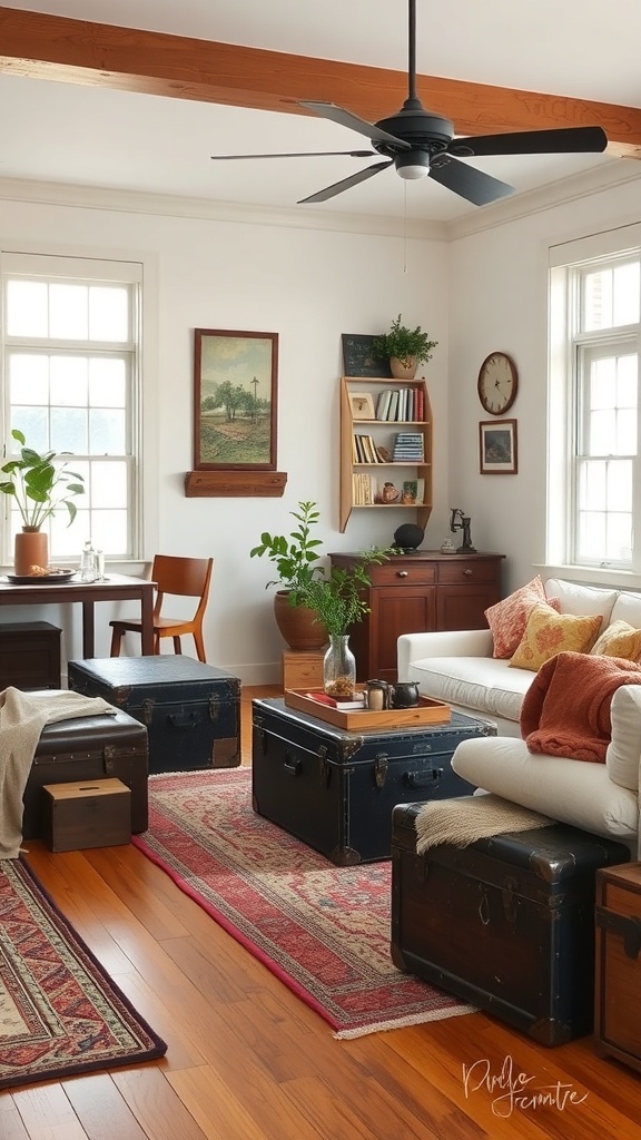 A cozy living room featuring vintage trunks used for storage and decor, with a warm color palette and rustic elements.