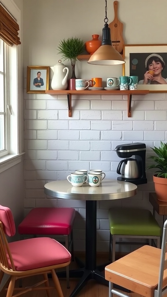 A cozy coffee nook featuring a round table, colorful chairs, and vintage decor.