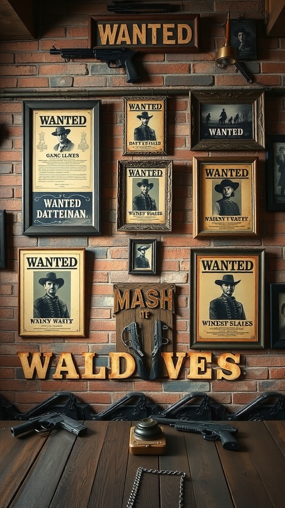 A wall decorated with vintage wanted posters and guns, showcasing a Gothic Wild West theme.