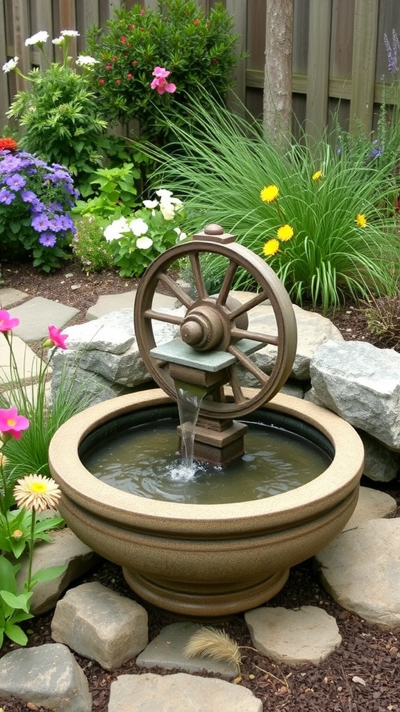 A vintage wheel water feature surrounded by colorful flowers and greenery.