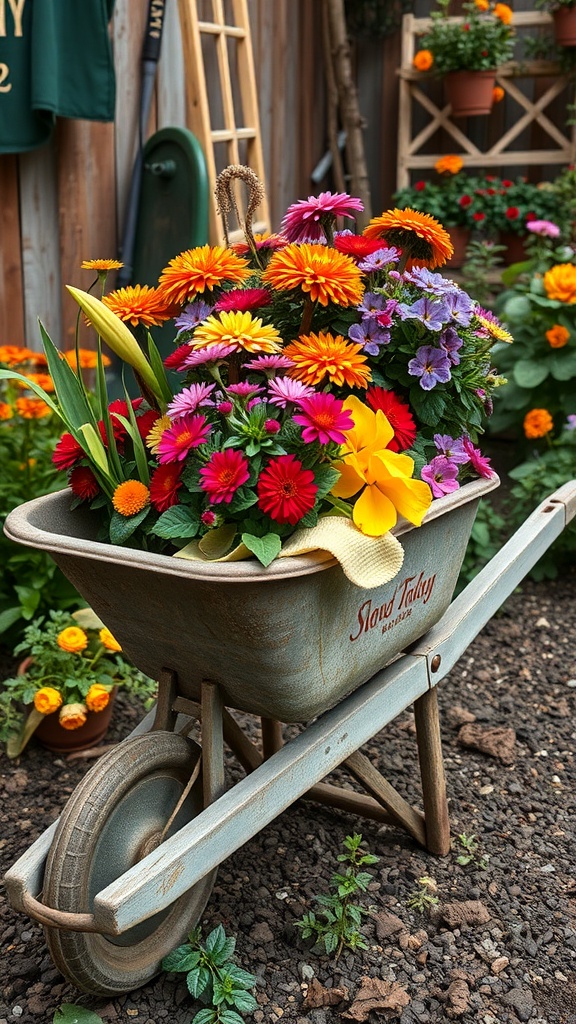 A vintage wheelbarrow filled with colorful flowers in a garden setting.