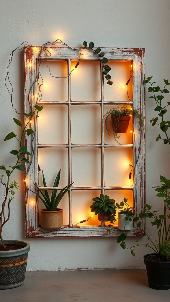 A vintage window frame decorated with fairy lights and potted plants.