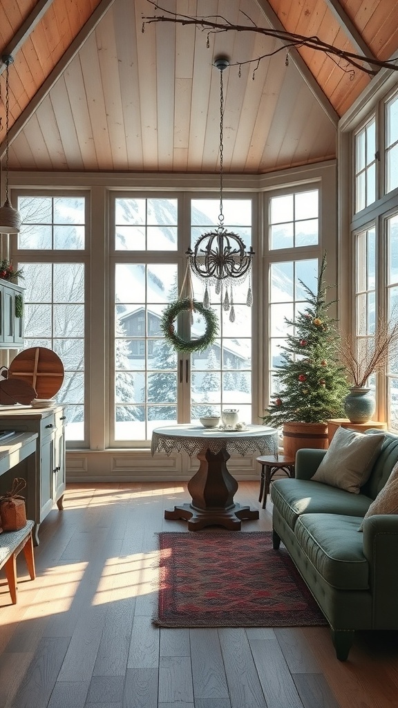 Ein gemütlicher Raum mit Vintage Winterdeko, großen Fenstern und einem kleinen Weihnachtsbaum.