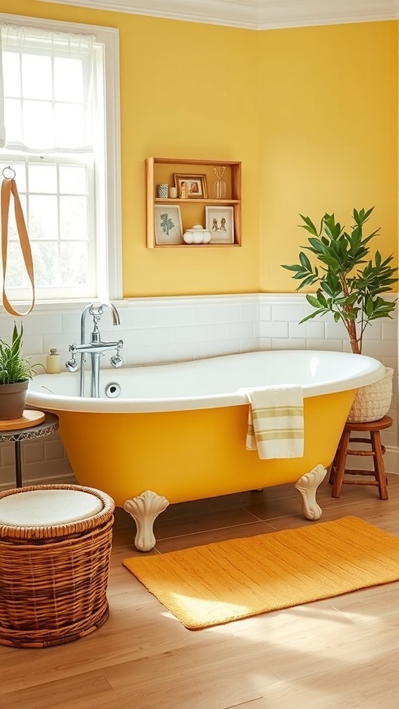A vintage yellow bathtub with claw feet in a bright bathroom, surrounded by yellow walls and natural decor.