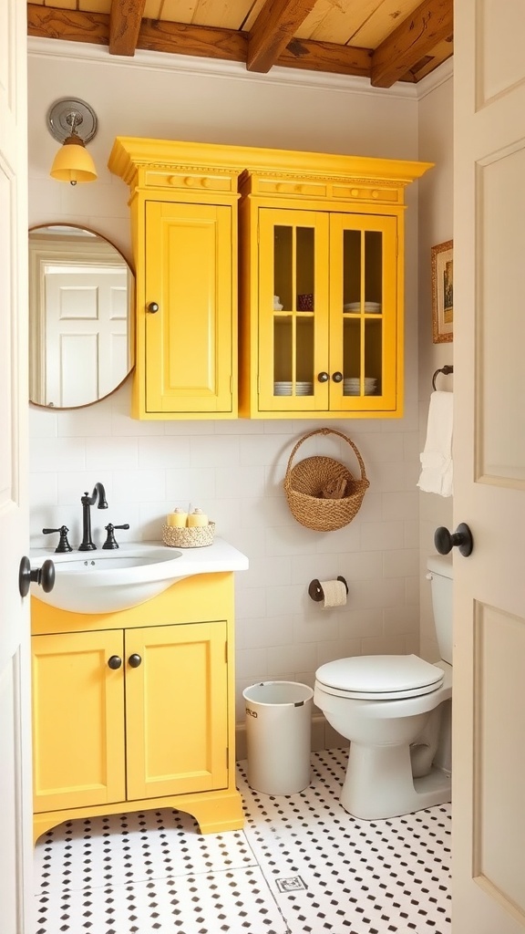 A vintage yellow bathroom with storage cabinets and a sink.