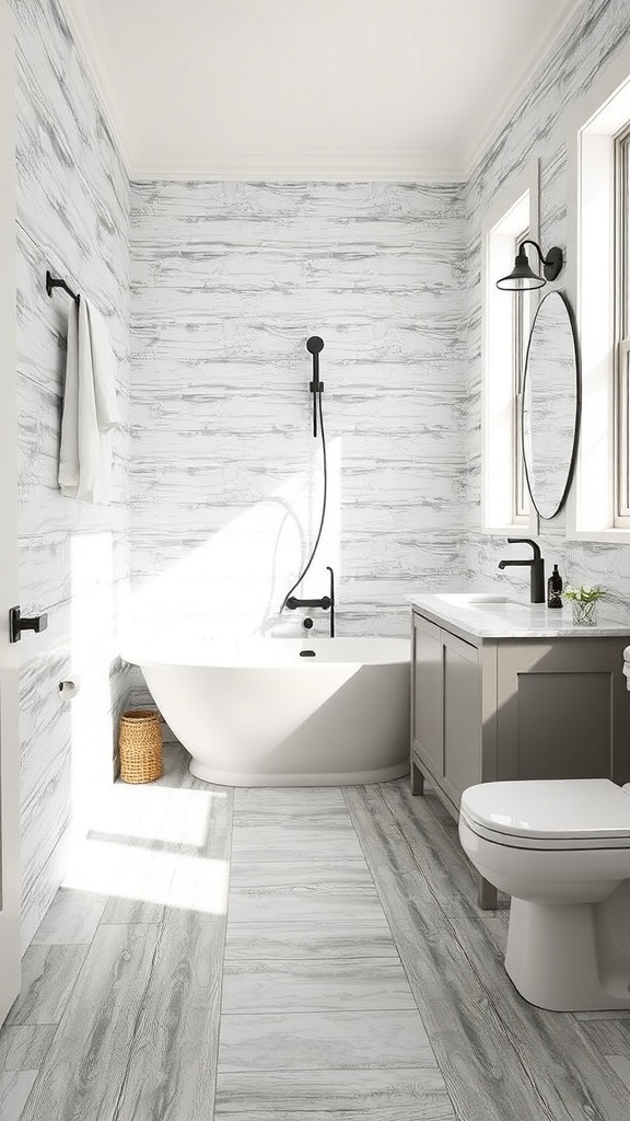 A modern bathroom featuring light gray vinyl composite tiles, a freestanding tub, and stylish fixtures.