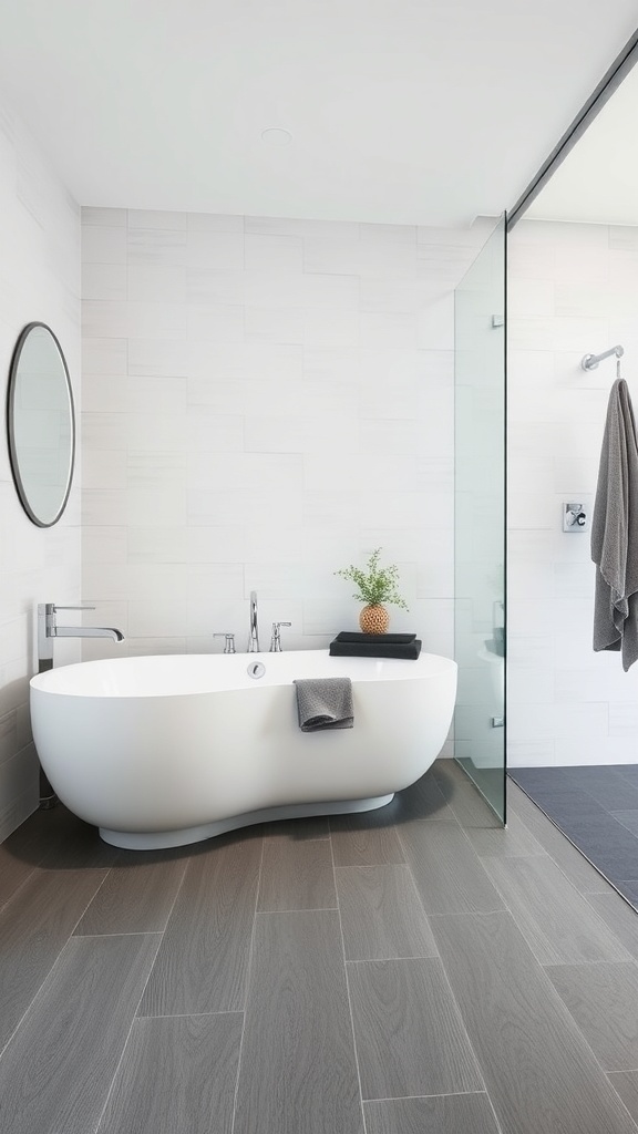 A modern bathroom featuring a sleek gray vinyl sheet floor, a white bathtub, and minimalist decor.