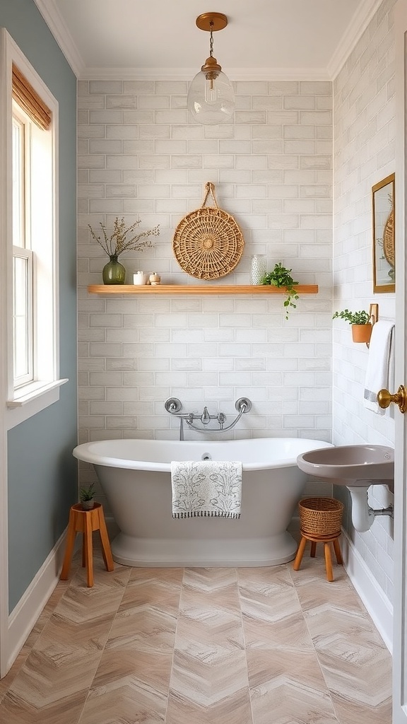 A stylish bathroom featuring vinyl tiles in a herringbone pattern, a classic bathtub, and modern decor.