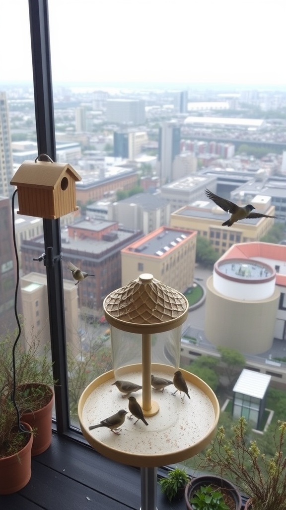 Vogelbeobachtungszone mit Blick auf die Stadt, umgeben von Pflanzen und bunten Vögeln.