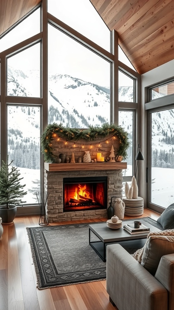 Gemütlicher Wohnraum mit Kamin und schneebedeckter Landschaft im Hintergrund