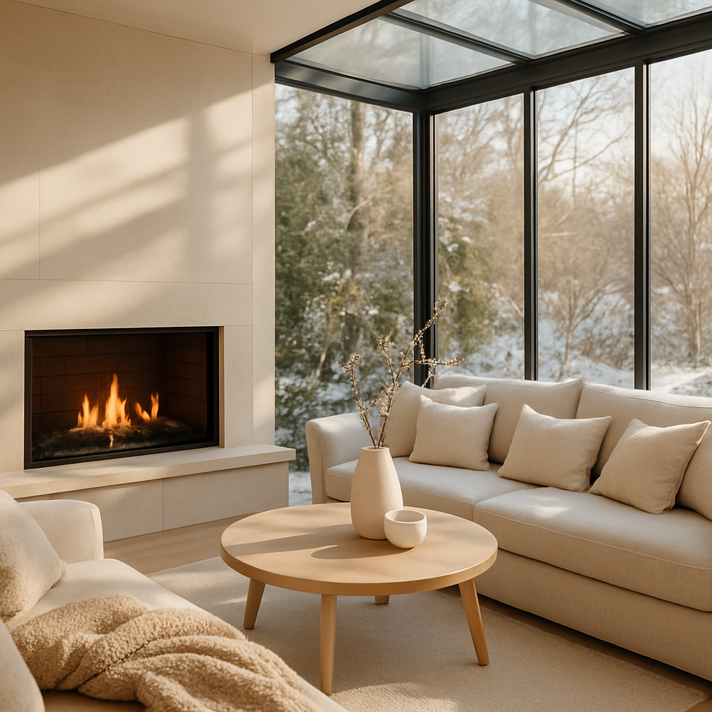 Ein moderner Wintergarten mit einem Kamin, großen Fenstern und gemütlichen Möbeln.