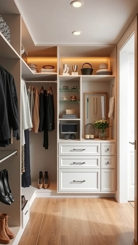 A stylish walk-in closet with organized clothing, accessory display, and warm lighting.