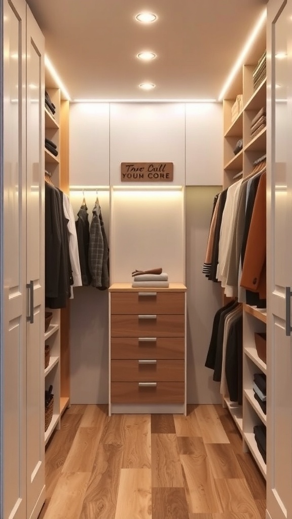 A well-organized walk-in closet with built-in lighting, featuring shelves and a dresser.