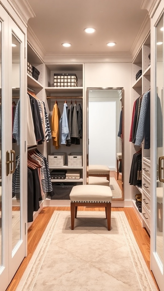 A stylish walk-in closet featuring a dressing area with shelves, hanging clothes, mirrors, and a bench.