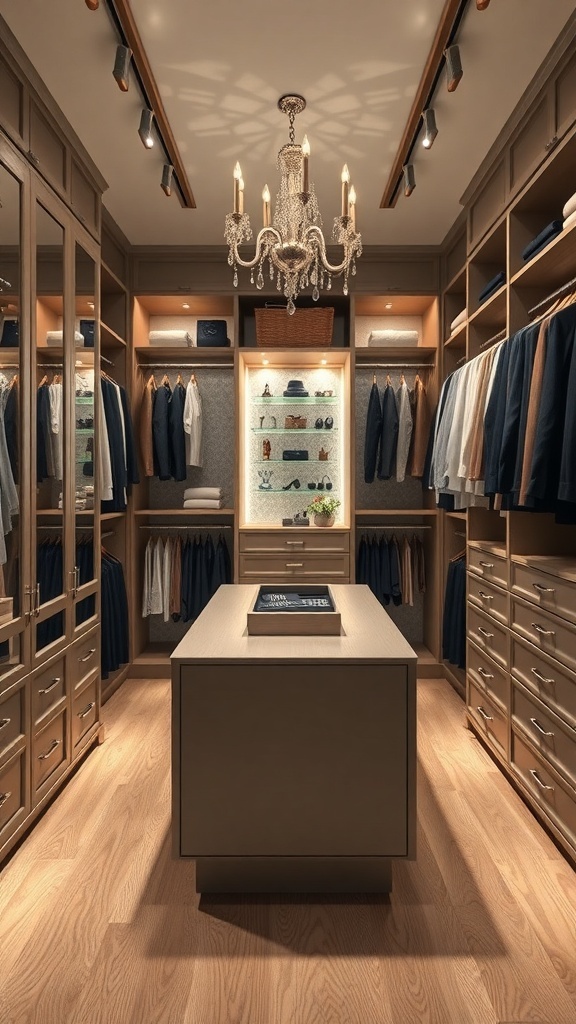 A stylish walk-in closet featuring an island in the center, surrounded by organized clothing and elegant lighting.