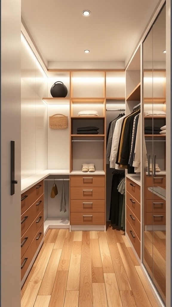 A modern walk-in closet featuring recessed lighting, wooden drawers, and a mirror.