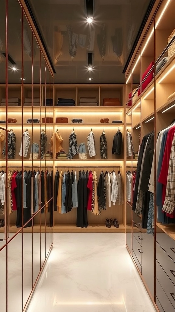 A modern walk-in closet featuring a mirror wall, organized clothing, and stylish storage solutions.