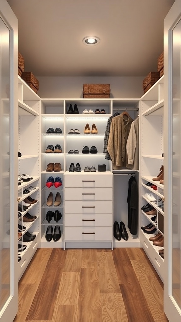 A well-organized walk-in closet featuring shoe storage with neatly arranged shelves and a central dresser.