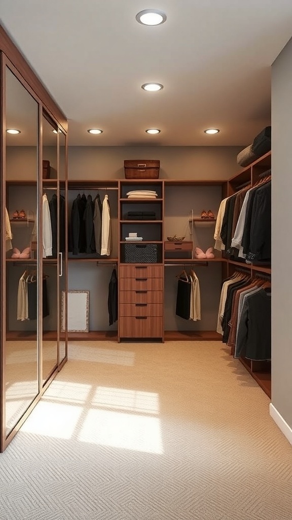 A modern walk-in closet featuring sliding doors, organized shelving, and good lighting.