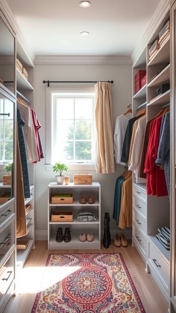 A bright walk-in closet with a window, featuring organized clothing, shelves, and a cozy rug.
