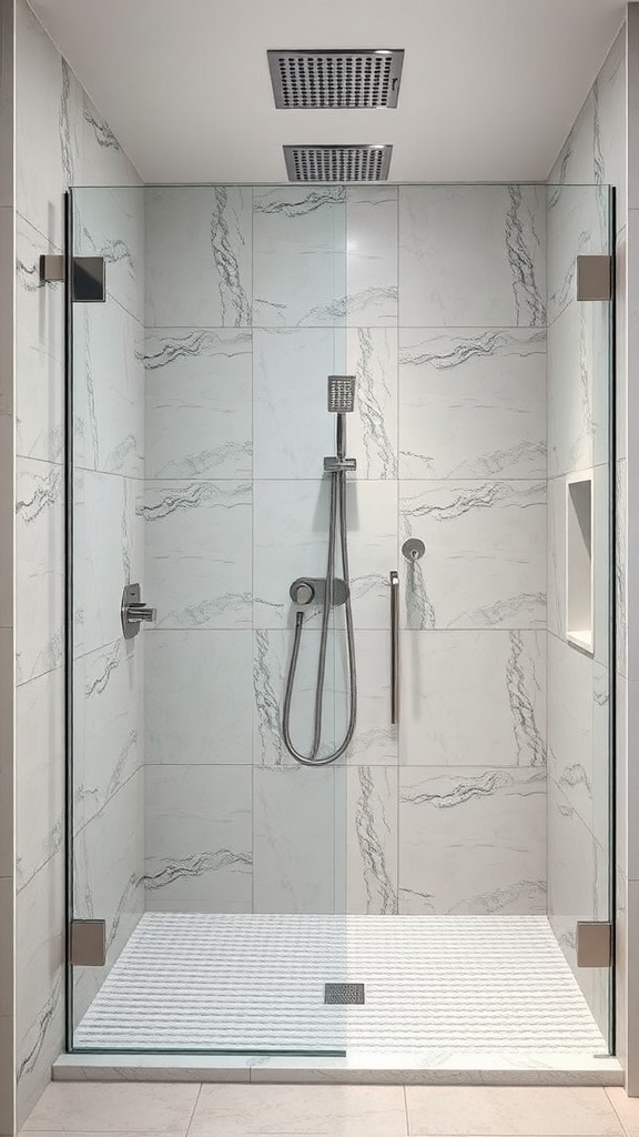 Modern walk-in shower with marble tiles and a rainfall showerhead
