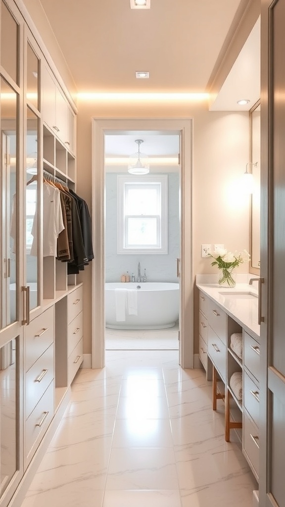 A stylish walk-through closet with built-in lighting leading to a bathroom, featuring organized shelves and a modern design.