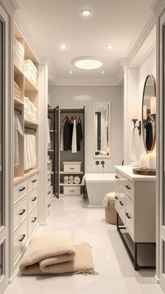 A walk-through closet leading to a bathroom, featuring organized shelves, a dressing area, and a bathtub.