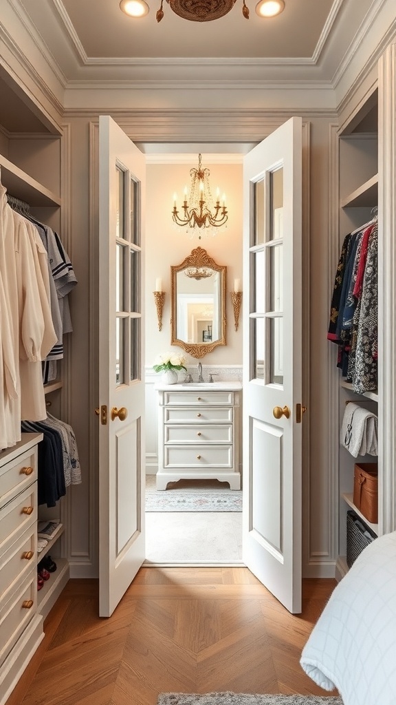 A walk-through closet featuring French doors leading to a stylish bathroom with a chandelier and elegant decor.
