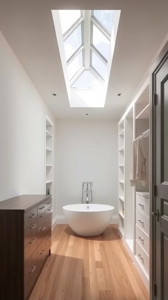 A walk-through closet leading to a bathroom with a skylight and a modern bathtub.