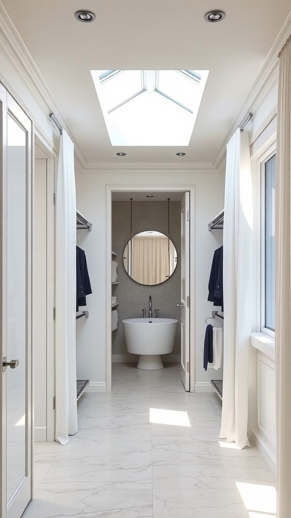 A walk-through closet leading to a bathroom with skylights and modern design.