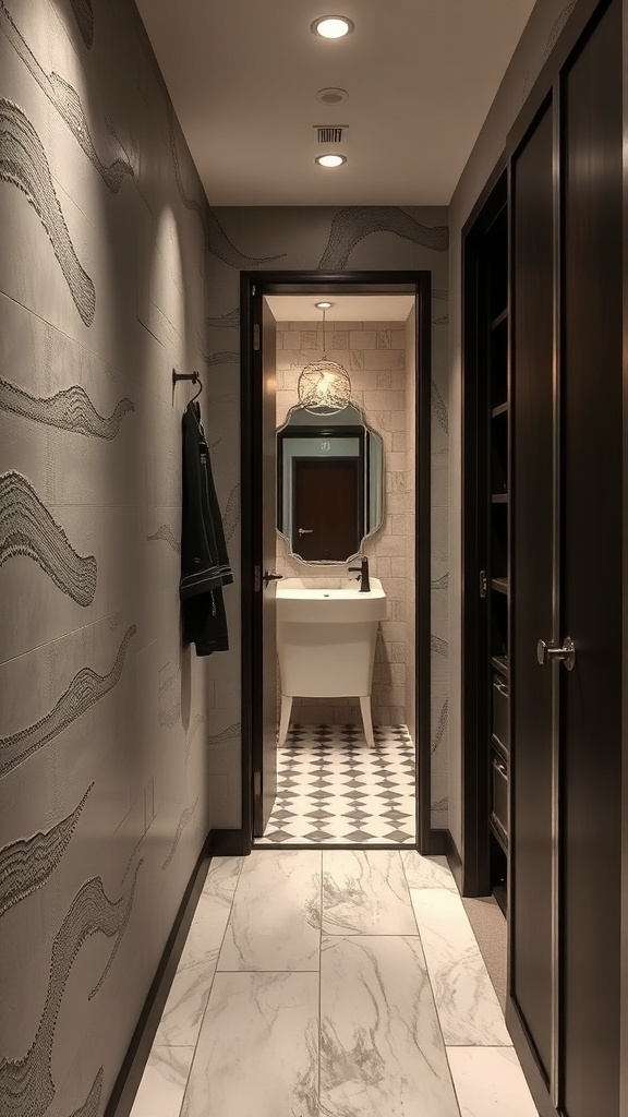 A walk-through closet leading to a bathroom, featuring textured walls and stylish lighting.