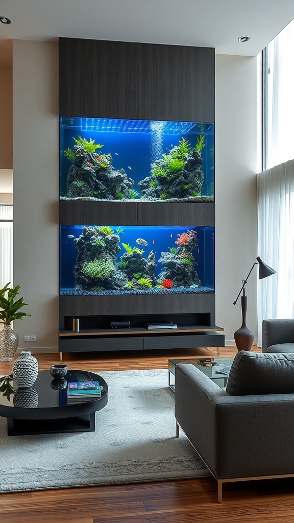 A modern wall-mounted aquarium setup featuring two tanks filled with colorful fish and plants, positioned above a sleek media console in a stylish living room.