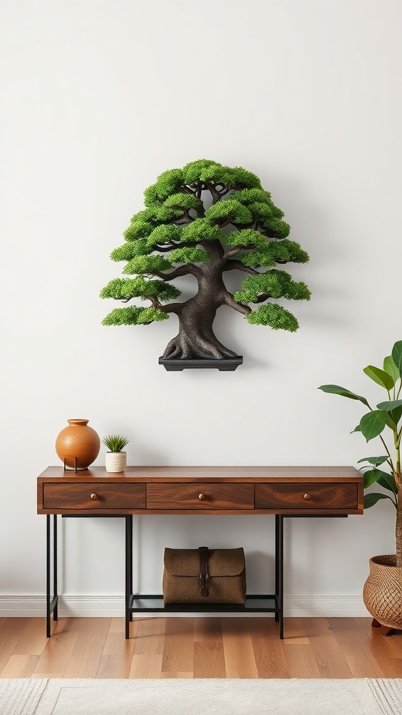 A wall-mounted bonsai tree art piece above a wooden console table with decorative items.