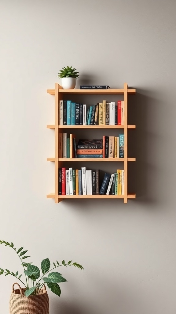 A wall-mounted wooden bookshelf with three levels filled with books and a small plant on top.