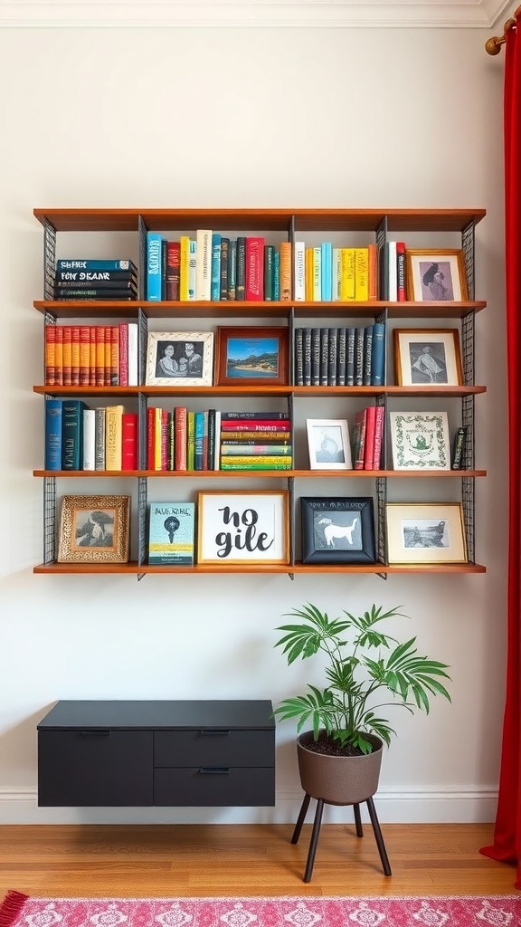 Colorful wall-mounted bookshelf with books, framed photos, and a plant