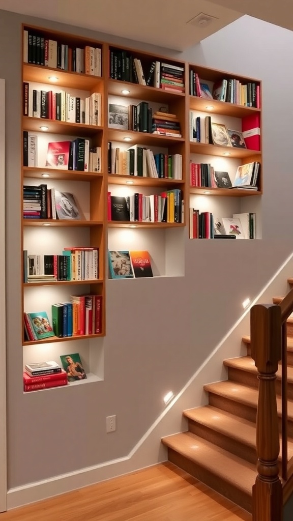 Stylish wall-mounted bookshelves with integrated lighting beside a staircase, showcasing a variety of books and decor.