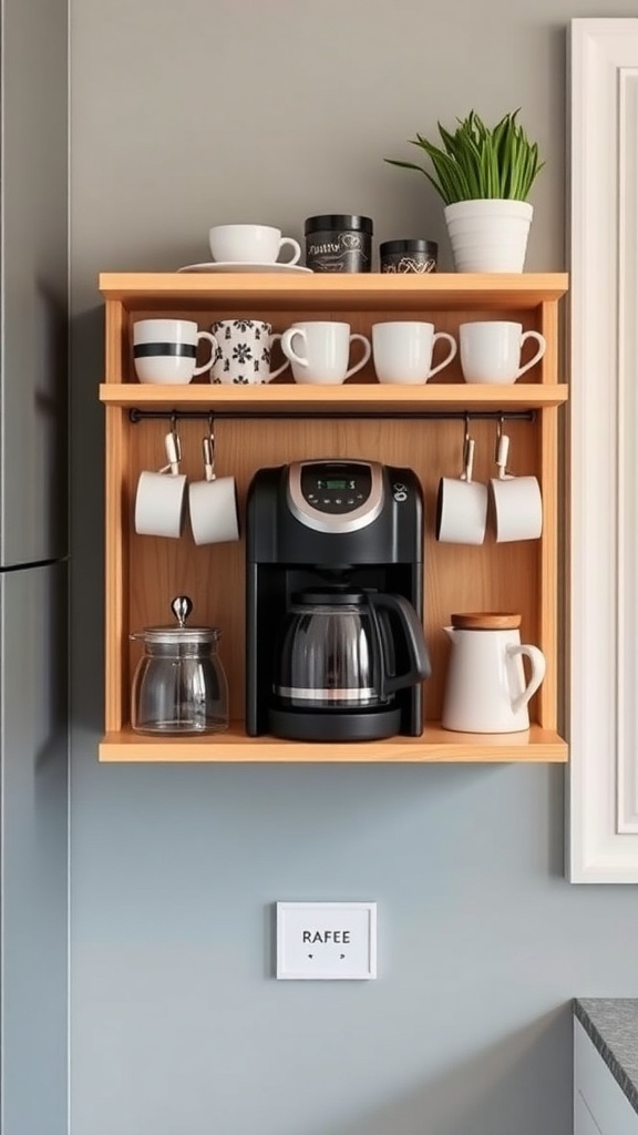 A wall-mounted coffee shelf with a coffee maker, mugs, and a plant.