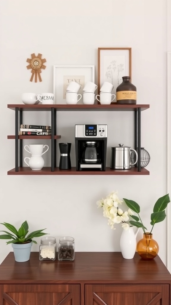 A stylish wall-mounted coffee station with shelves displaying mugs, a coffee maker, and decorative items.