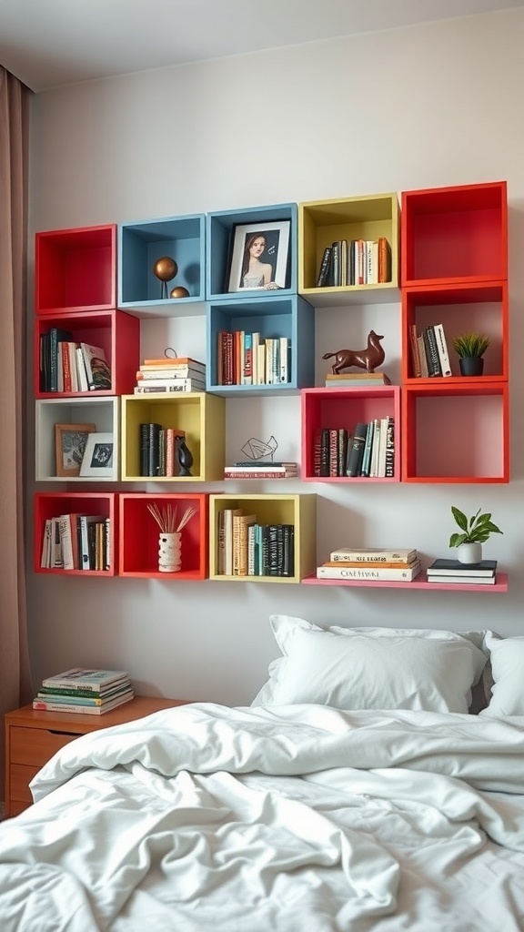 Colorful wall-mounted cube shelves filled with books and decorative items above a bed.