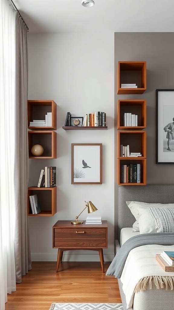 Modern wall-mounted cube shelves in a bedroom displaying books and decor.