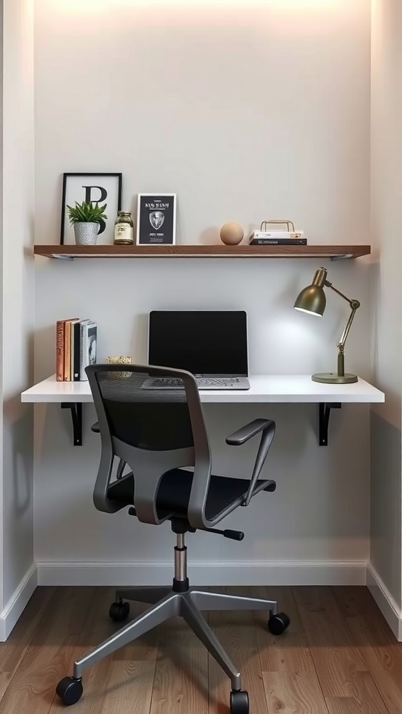 A modern wall-mounted desk setup in a small home office