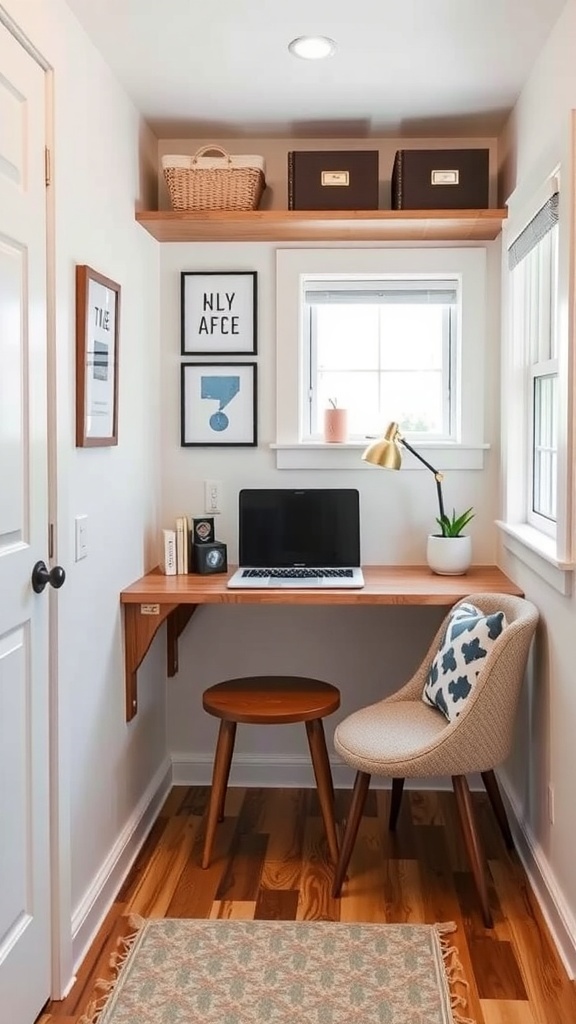 A cozy wall-mounted folding desk setup in a tiny home with a chair, shelves, and natural light.