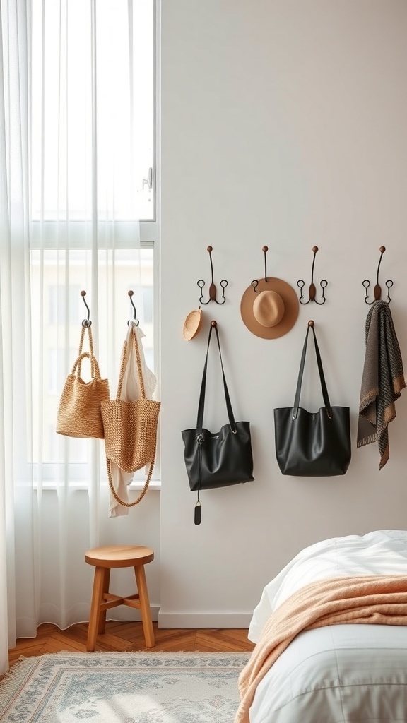 A cozy bedroom with wall-mounted hooks displaying bags and hats.