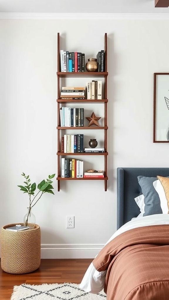 A wall-mounted ladder shelf displaying books and decorative items in a cozy bedroom setting.