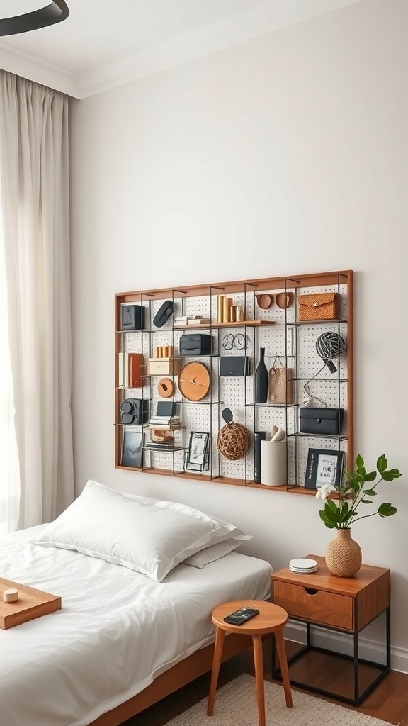 A stylish wall-mounted organizer above a bed, featuring a grid design with various items stored neatly.